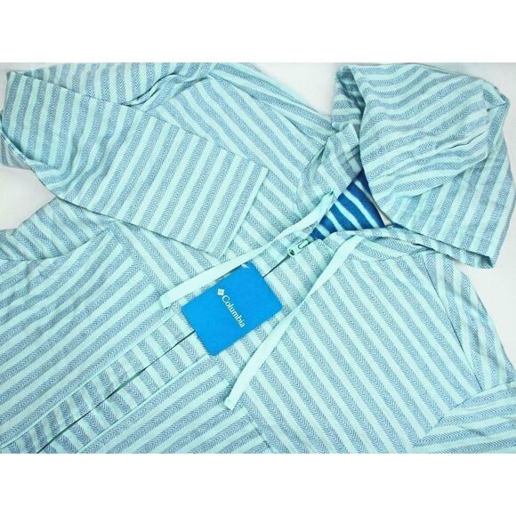 Columbia Women's Medium Jacket Blue Stripes Athletic Hood Full Zip Long Sleeve - Picture 5 of 5